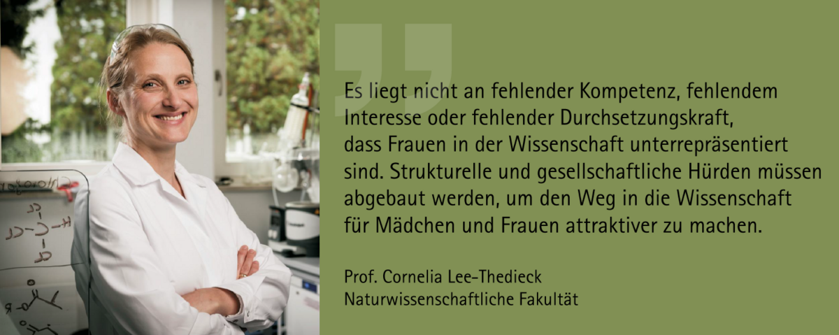  Zitat Prof. Cornelia Lee-Thedieck: „Es liegt nicht an fehlender Kompetenz, fehlendem Interesse oder fehlender Durchsetzungskraft, dass Frauen in der Wissenschaft unterrepräsentiert sind. Strukturelle und gesellschaftliche Hürden müssen abgebaut werden, um den Weg in die Wissenschaft für Mädchen und Frauen attraktiver zu machen.“