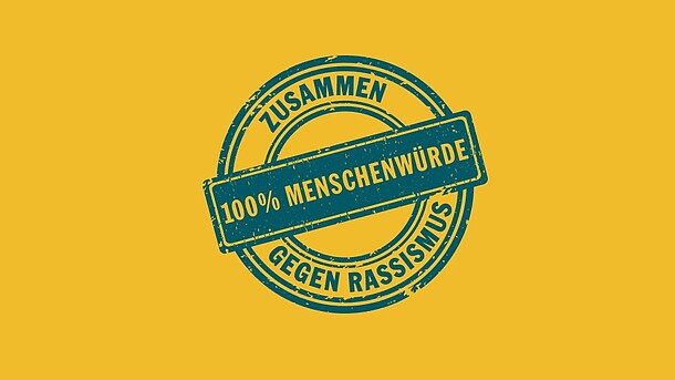 Stempel "Zusammen gegen Rassismus - 100% Menschenwürde"